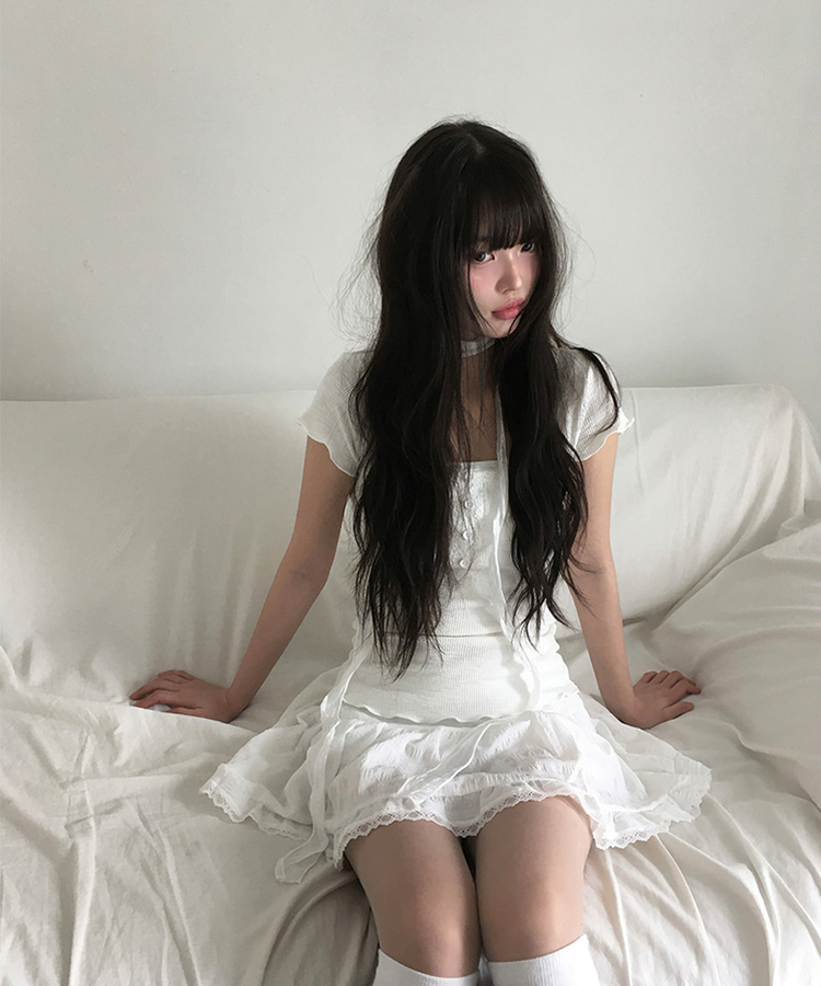 【マフラー付き】レースボタン半袖Tシャツ WHITE
