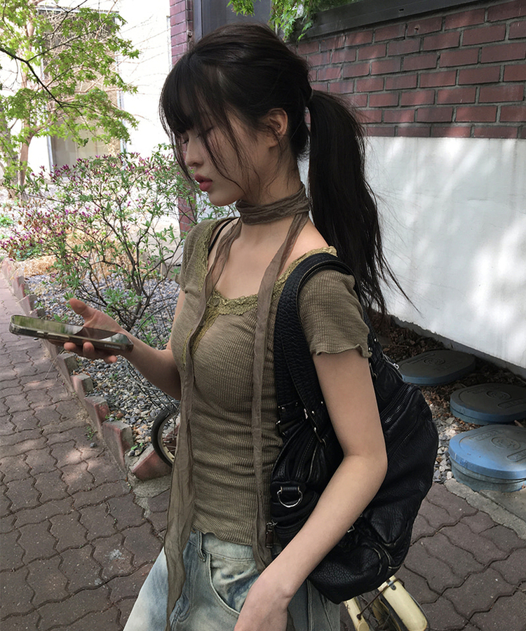 【マフラー付き】レースボタン半袖Tシャツ KHAKI