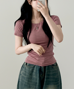 ウェーブストライプ半袖Tシャツ PINK