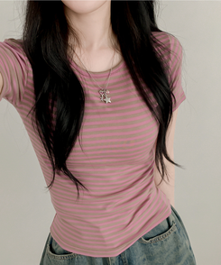 ウェーブストライプ半袖Tシャツ PINK