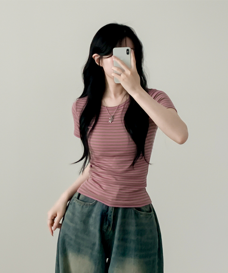 ウェーブストライプ半袖Tシャツ PINK