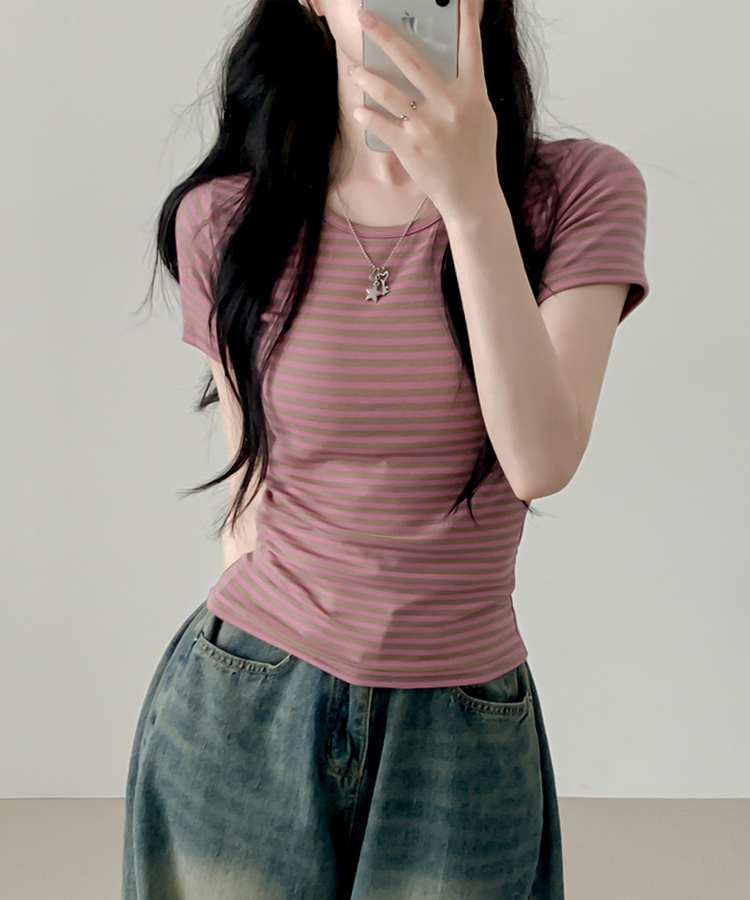 ウェーブストライプ半袖Tシャツ PINK