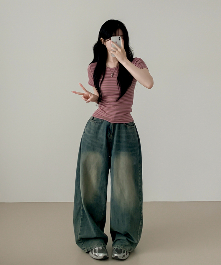 ウェーブストライプ半袖Tシャツ PINK