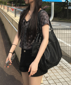 カーディガン チェックスリム半袖カーディガン CHARCOAL