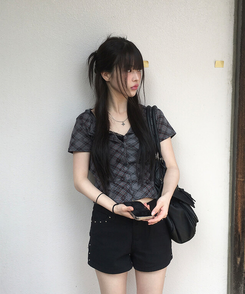 カーディガン チェックスリム半袖カーディガン CHARCOAL