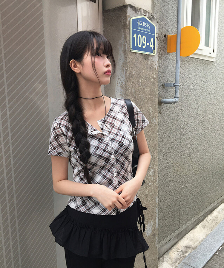 チェックスリム半袖カーディガン IVORY