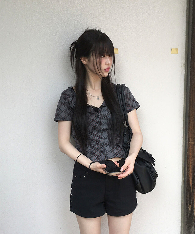 チェックスリム半袖カーディガン CHARCOAL