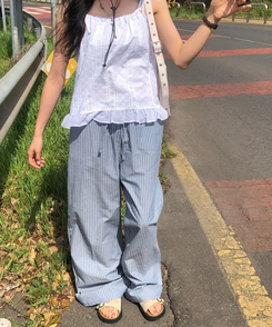 コットンパンツ ルーズワイドストライプコットンパンツ SKY BLUE