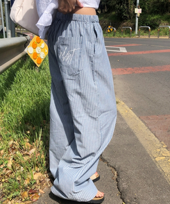 コットンパンツ ルーズワイドストライプコットンパンツ SKY BLUE