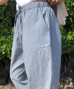 コットンパンツ ルーズワイドストライプコットンパンツ SKY BLUE