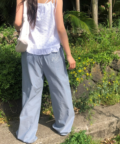 コットンパンツ ルーズワイドストライプコットンパンツ SKY BLUE