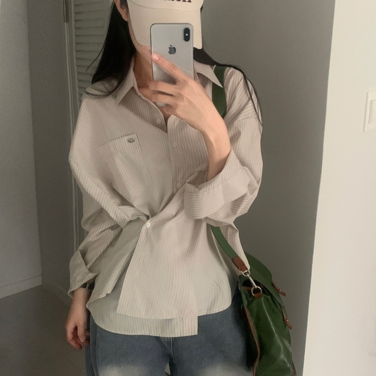 여름 쿨링 스트라이프 펜던트 포인트 쿨링 오버핏 셔츠 남방 2color 베이지