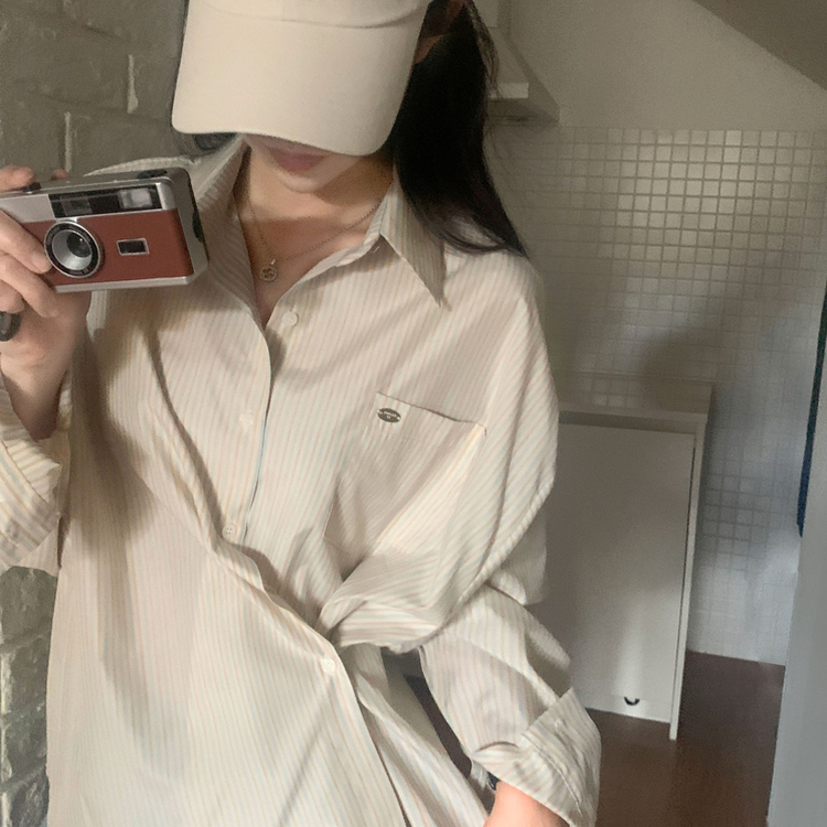 여름 쿨링 스트라이프 펜던트 포인트 쿨링 오버핏 셔츠 남방 2color 베이지