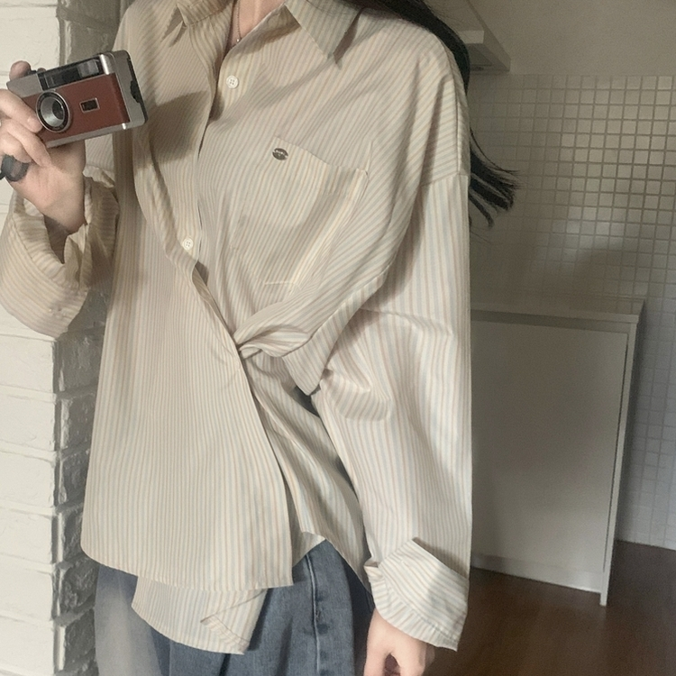 여름 쿨링 스트라이프 펜던트 포인트 쿨링 오버핏 셔츠 남방 2color 베이지