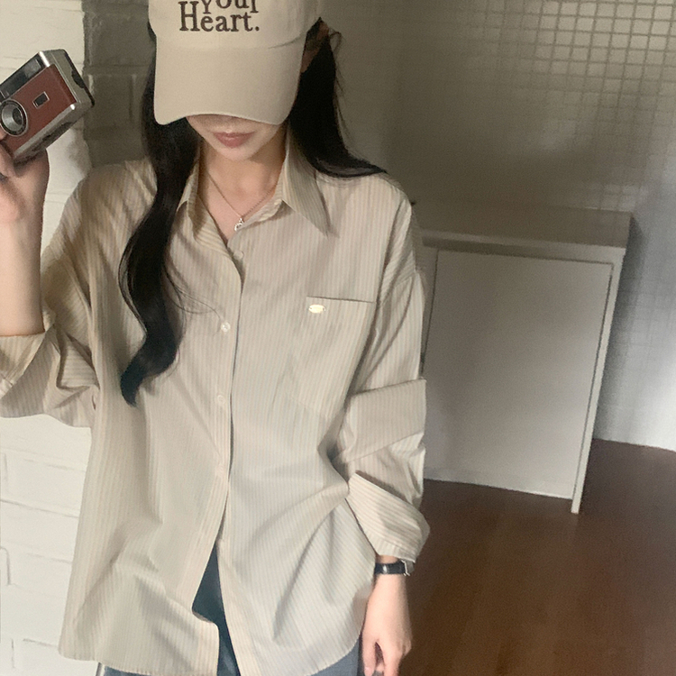 여름 쿨링 스트라이프 펜던트 포인트 쿨링 오버핏 셔츠 남방 2color 베이지