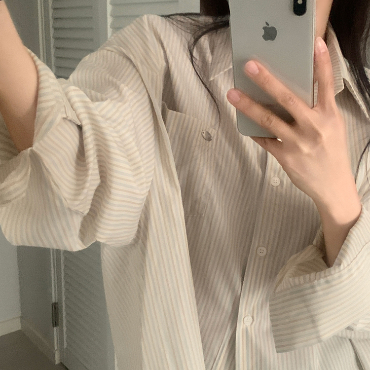 여름 쿨링 스트라이프 펜던트 포인트 쿨링 오버핏 셔츠 남방 2color 베이지