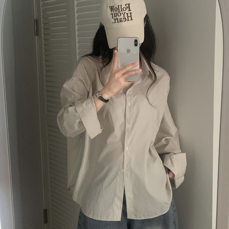 여름 쿨링 스트라이프 펜던트 포인트 쿨링 오버핏 셔츠 남방 2color 베이지