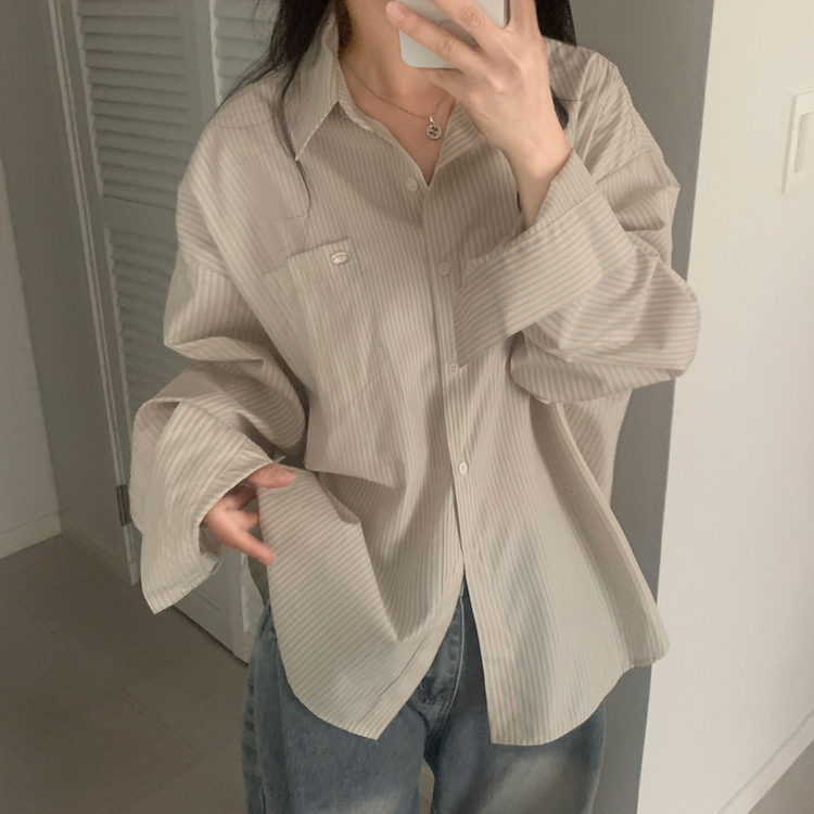 여름 쿨링 스트라이프 펜던트 포인트 쿨링 오버핏 셔츠 남방 2color 베이지