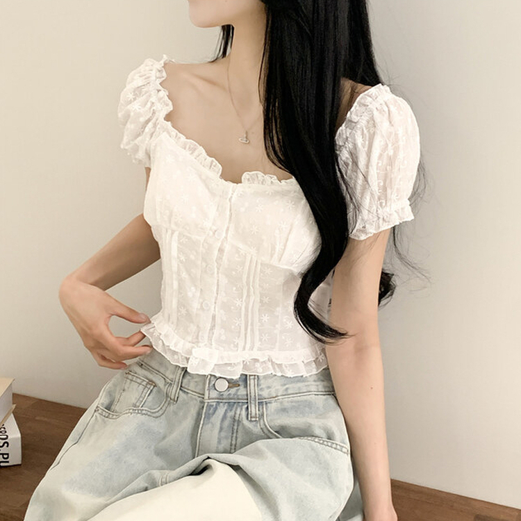 レースオフショルダークロップブラウス｜ブラウス｜韓国ファッション