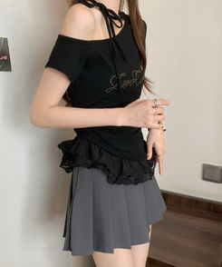 半袖Tシャツ チョーカーフリル半袖Tシャツ BLACK