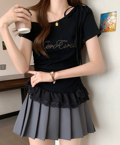 半袖Tシャツ チョーカーフリル半袖Tシャツ BLACK