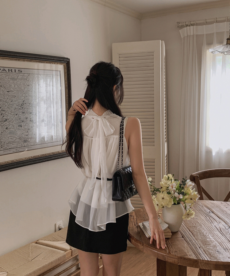 【ベルト付き】シフォン真珠ボタンブラウス IVORY