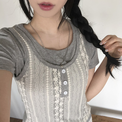 [반팔+나시일체형!]레이스 나시 일체형 쫀쫀 반팔티셔츠 3color 그레이