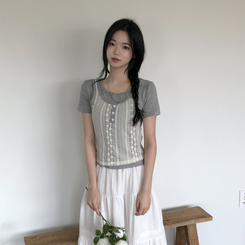 [반팔+나시일체형!]레이스 나시 일체형 쫀쫀 반팔티셔츠 3color 그레이