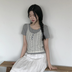 [반팔+나시일체형!]레이스 나시 일체형 쫀쫀 반팔티셔츠 3color 그레이