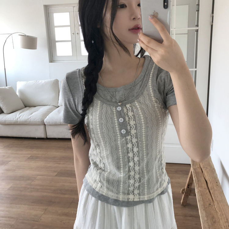 [반팔+나시일체형!]레이스 나시 일체형 쫀쫀 반팔티셔츠 3color 그레이