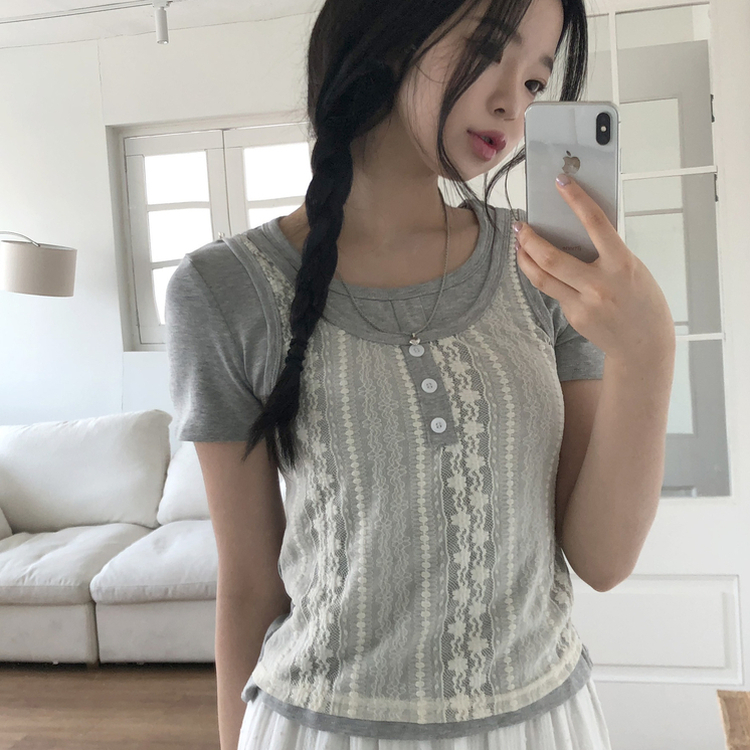 [반팔+나시일체형!]레이스 나시 일체형 쫀쫀 반팔티셔츠 3color 그레이