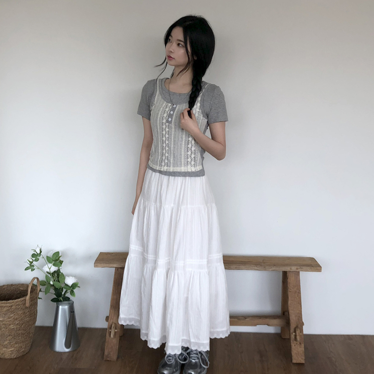 [반팔+나시일체형!]레이스 나시 일체형 쫀쫀 반팔티셔츠 3color 그레이