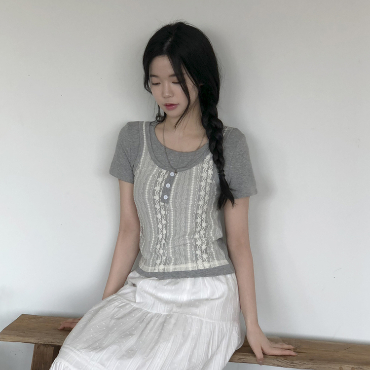 [반팔+나시일체형!]레이스 나시 일체형 쫀쫀 반팔티셔츠 3color 그레이