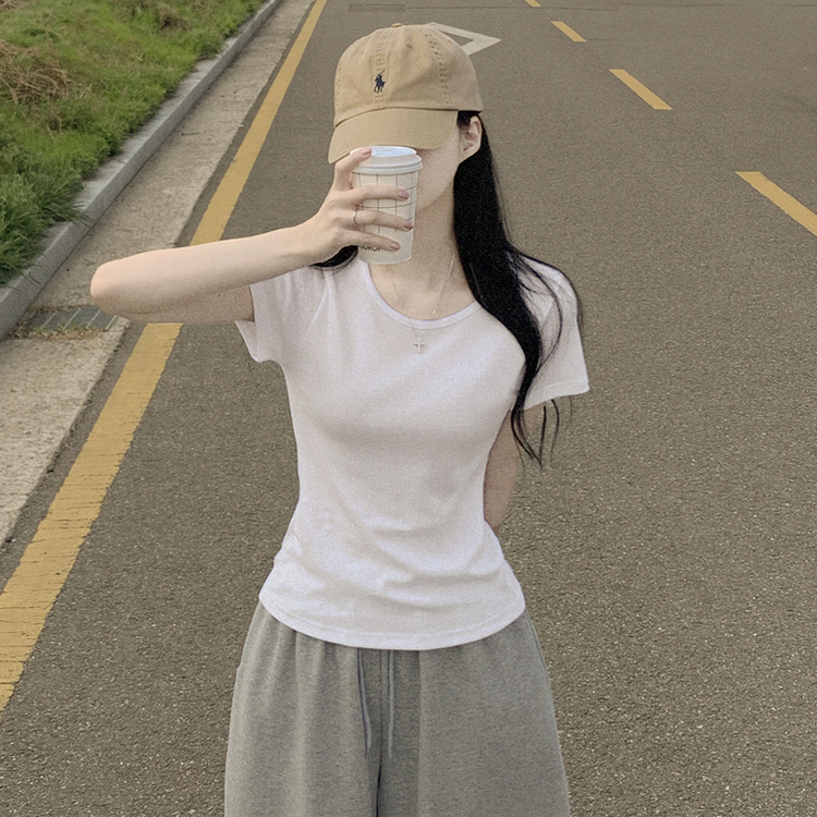 퀄좋은 여름 레이어드 무지 라운드 유넥 세미크롭 슬림핏 코튼 반팔티셔츠 아이보리