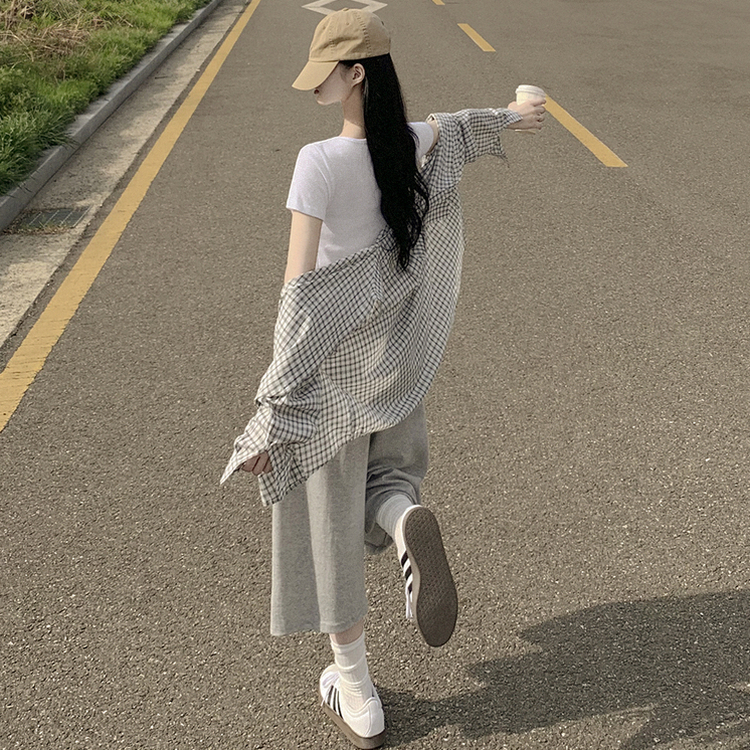 퀄좋은 여름 레이어드 무지 라운드 유넥 세미크롭 슬림핏 코튼 반팔티셔츠 아이보리
