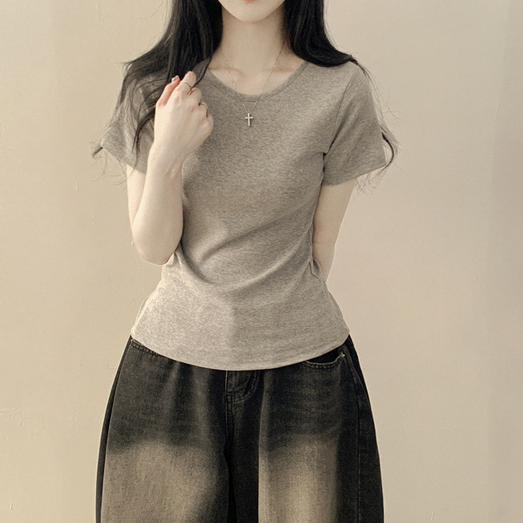 퀄좋은 여름 레이어드 무지 라운드 유넥 세미크롭 슬림핏 코튼 반팔티셔츠 그레이