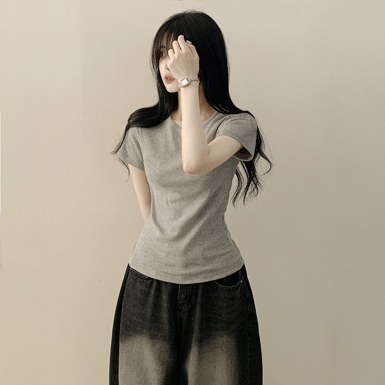 퀄좋은 여름 레이어드 무지 라운드 유넥 세미크롭 슬림핏 코튼 반팔티셔츠 그레이