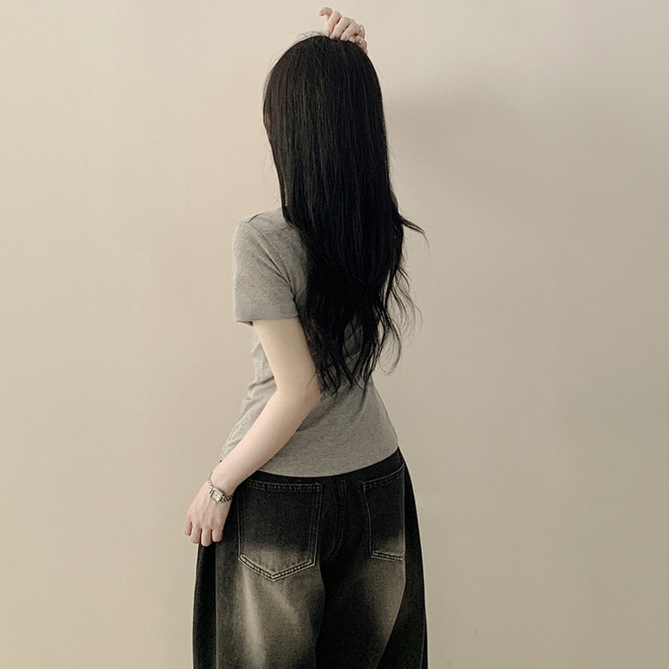 퀄좋은 여름 레이어드 무지 라운드 유넥 세미크롭 슬림핏 코튼 반팔티셔츠 그레이