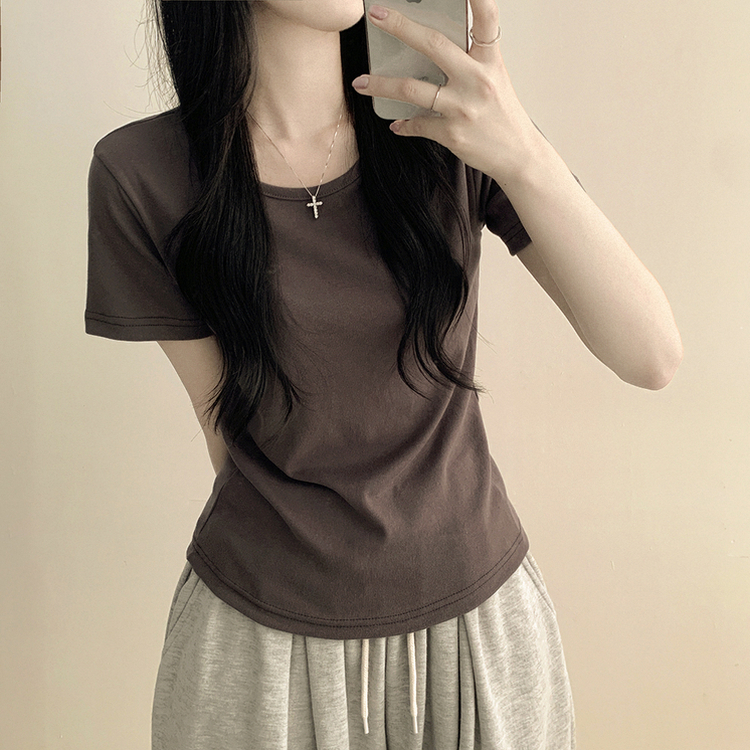 퀄좋은 여름 레이어드 무지 라운드 유넥 세미크롭 슬림핏 코튼 반팔티셔츠 카키