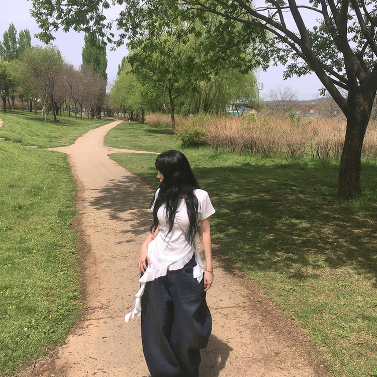 フリルアンバランス半袖Tシャツ WHITE