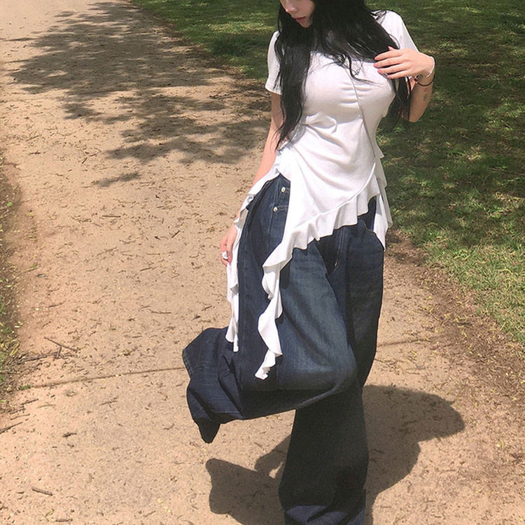 フリルアンバランス半袖Tシャツ WHITE