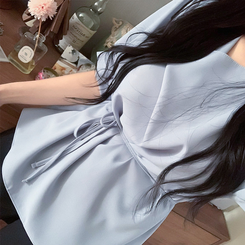 ブラウス 【マフラー付き】リボンドレープシンプル半袖ブラウス GREY