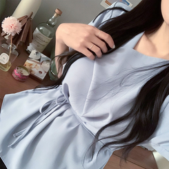 ブラウス 【マフラー付き】リボンドレープシンプル半袖ブラウス GREY