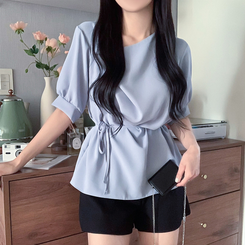 ブラウス 【マフラー付き】リボンドレープシンプル半袖ブラウス GREY