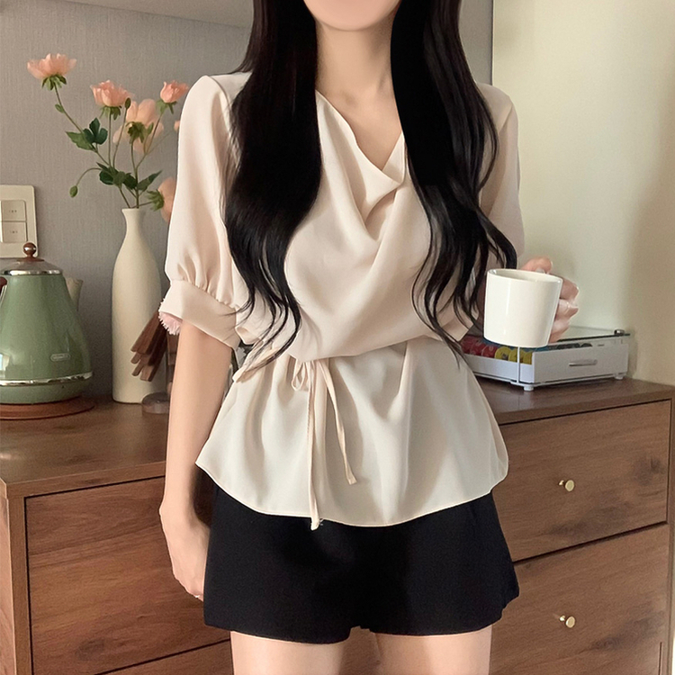 【マフラー付き】リボンドレープシンプル半袖ブラウス CREAM
