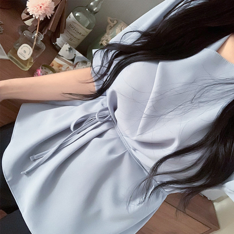 【マフラー付き】リボンドレープシンプル半袖ブラウス GREY