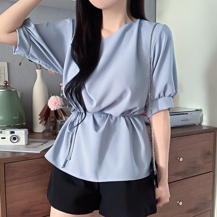 【マフラー付き】リボンドレープシンプル半袖ブラウス GREY