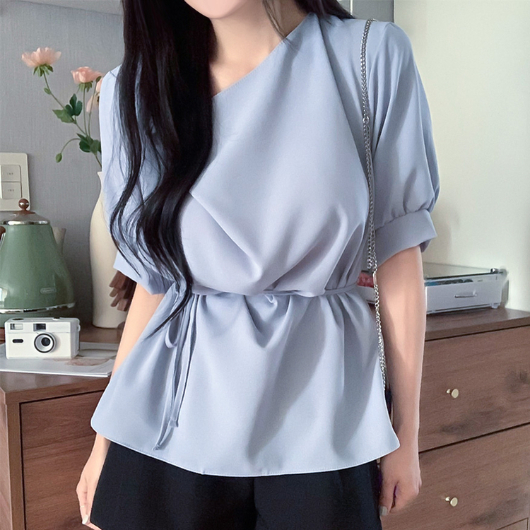 【マフラー付き】リボンドレープシンプル半袖ブラウス GREY