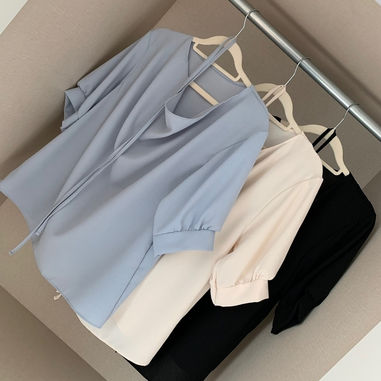 【マフラー付き】リボンドレープシンプル半袖ブラウス