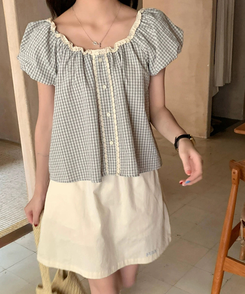 チェックレースブラウス WHITE